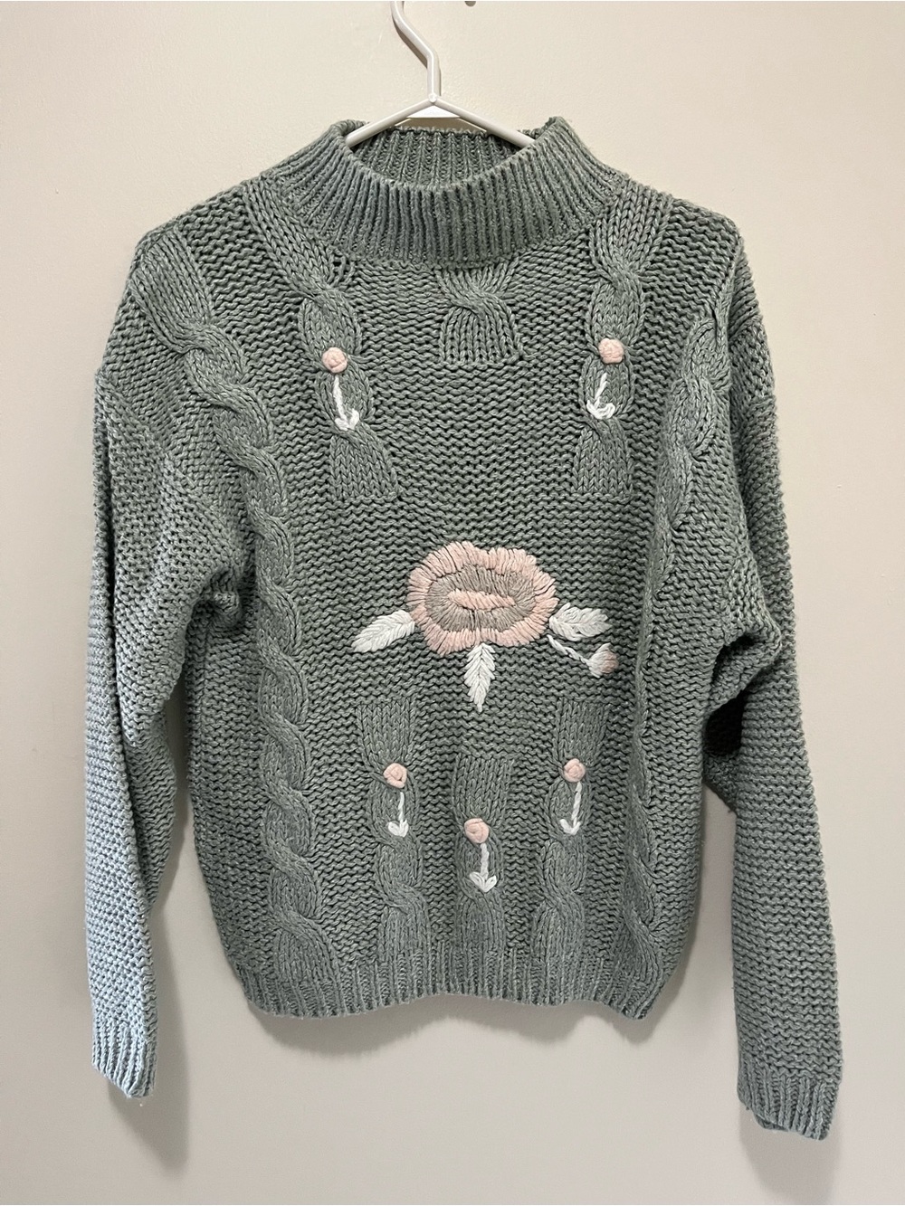 Vintage 90s Shenanigans Hand Knit Floral Sweater Chunky Cable Mock Neck